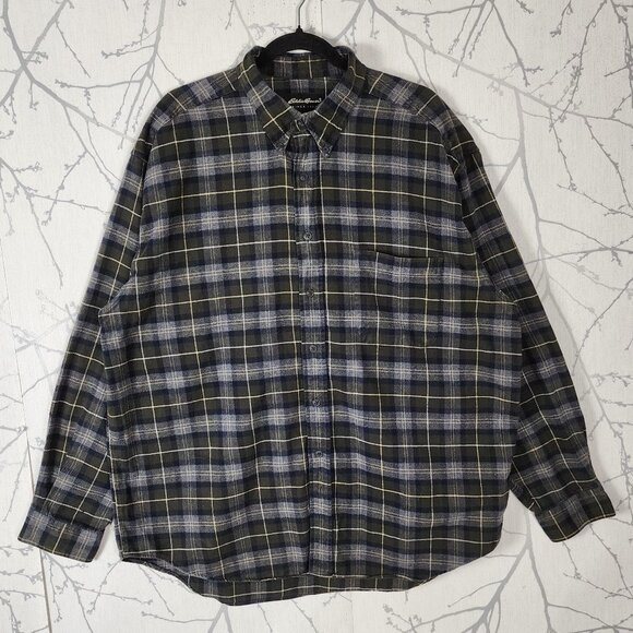 Eddie Bauer Gray Plaid 100% Cotton Flannel Shirt - Picture 1 of 3